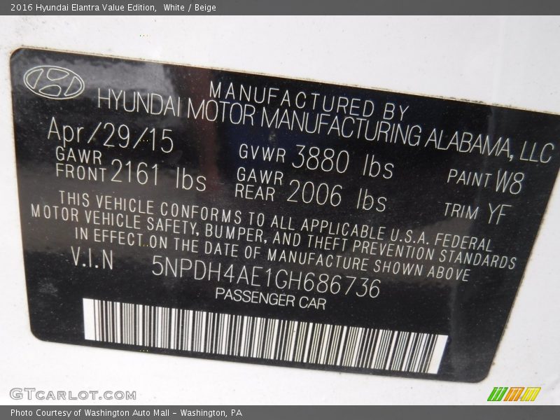 White / Beige 2016 Hyundai Elantra Value Edition