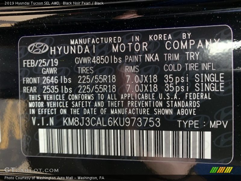 Black Noir Pearl / Black 2019 Hyundai Tucson SEL AWD