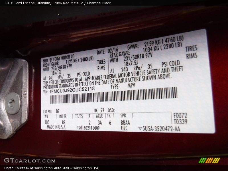 Ruby Red Metallic / Charcoal Black 2016 Ford Escape Titanium