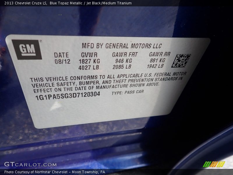 Blue Topaz Metallic / Jet Black/Medium Titanium 2013 Chevrolet Cruze LS