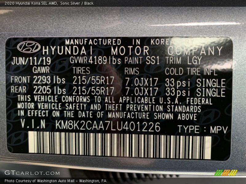 Sonic Silver / Black 2020 Hyundai Kona SEL AWD