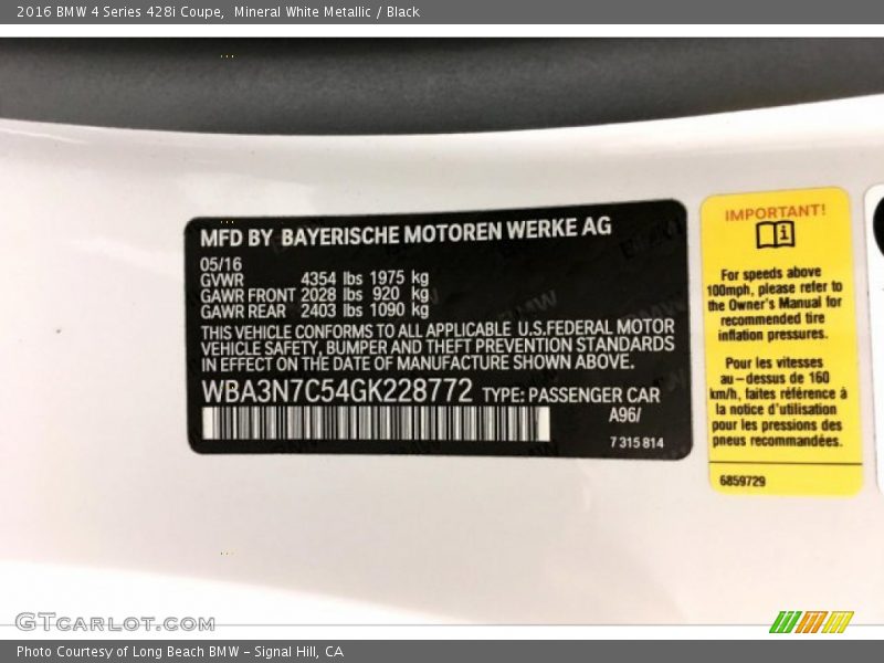 Mineral White Metallic / Black 2016 BMW 4 Series 428i Coupe
