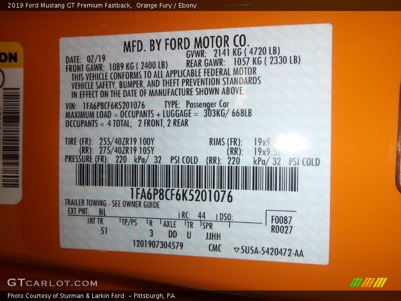 Orange Fury / Ebony 2019 Ford Mustang GT Premium Fastback