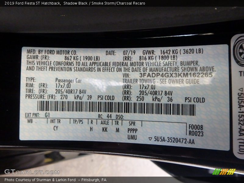 2019 Fiesta ST Hatchback Shadow Black Color Code G1