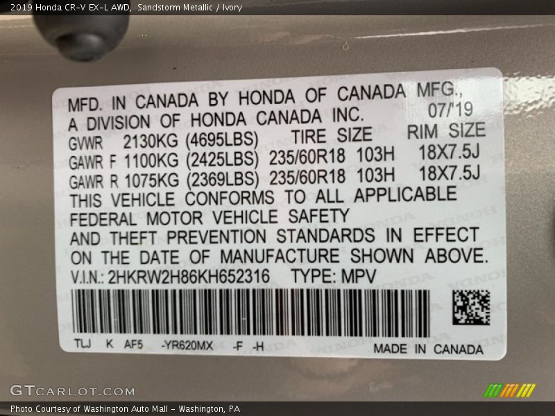 Sandstorm Metallic / Ivory 2019 Honda CR-V EX-L AWD
