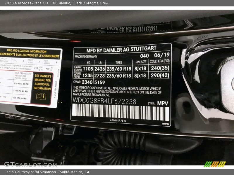 2020 GLC 300 4Matic Black Color Code 040