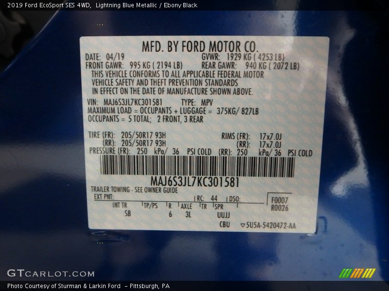 Lightning Blue Metallic / Ebony Black 2019 Ford EcoSport SES 4WD