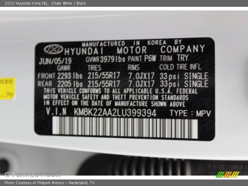 Chalk White / Black 2020 Hyundai Kona SEL