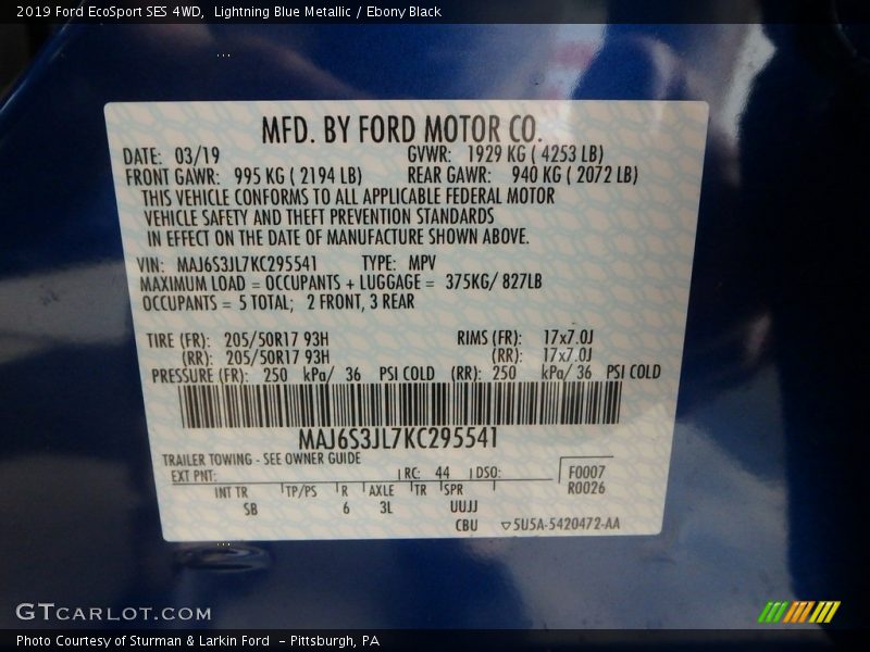 Lightning Blue Metallic / Ebony Black 2019 Ford EcoSport SES 4WD