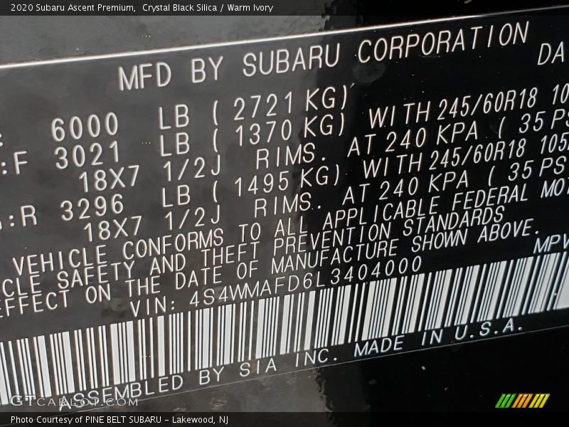 Crystal Black Silica / Warm Ivory 2020 Subaru Ascent Premium