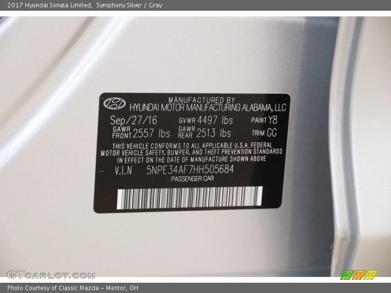 Symphony Silver / Gray 2017 Hyundai Sonata Limited