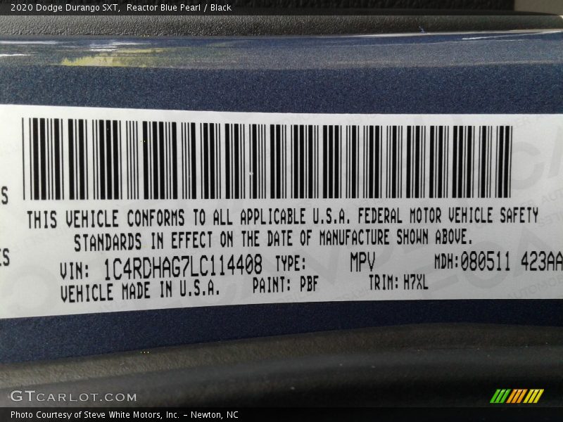 2020 Durango SXT Reactor Blue Pearl Color Code PBF