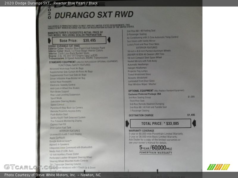  2020 Durango SXT Window Sticker