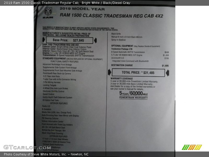 Bright White / Black/Diesel Gray 2019 Ram 1500 Classic Tradesman Regular Cab