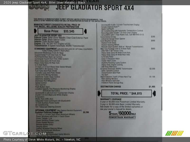  2020 Gladiator Sport 4x4 Window Sticker