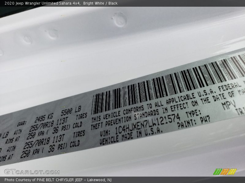 2020 Wrangler Unlimited Sahara 4x4 Bright White Color Code PW7