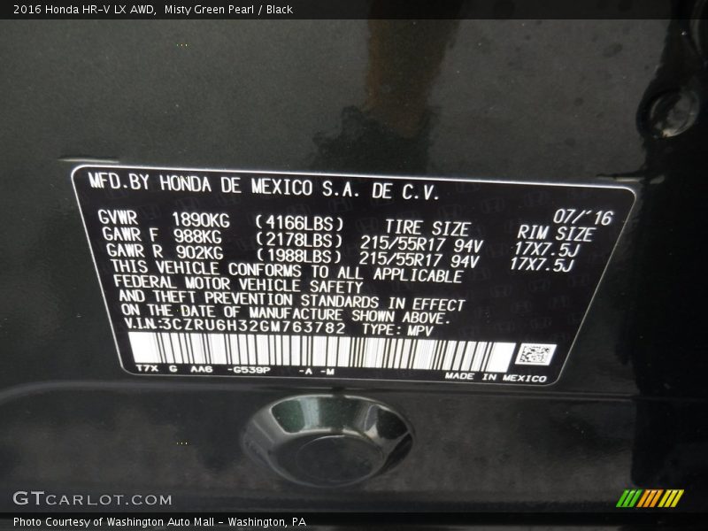Misty Green Pearl / Black 2016 Honda HR-V LX AWD