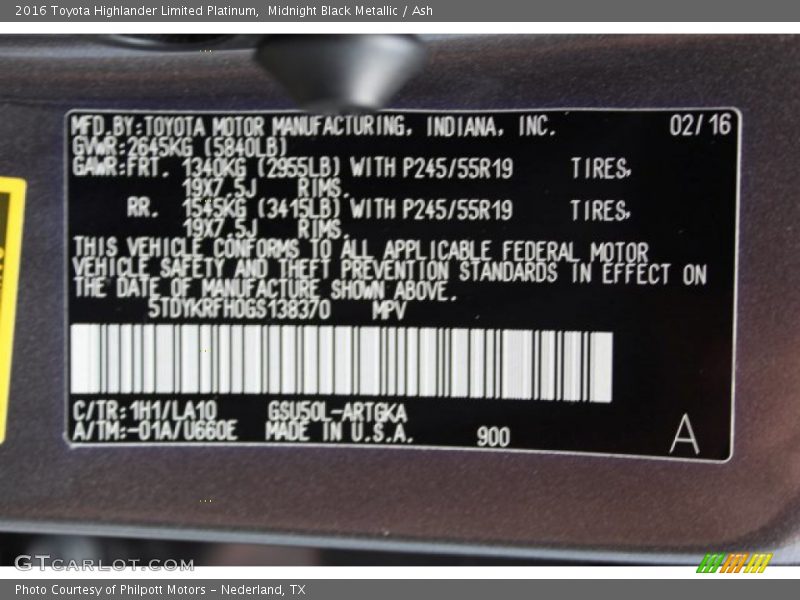 Midnight Black Metallic / Ash 2016 Toyota Highlander Limited Platinum