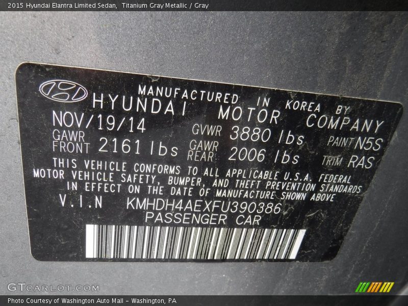 Titanium Gray Metallic / Gray 2015 Hyundai Elantra Limited Sedan