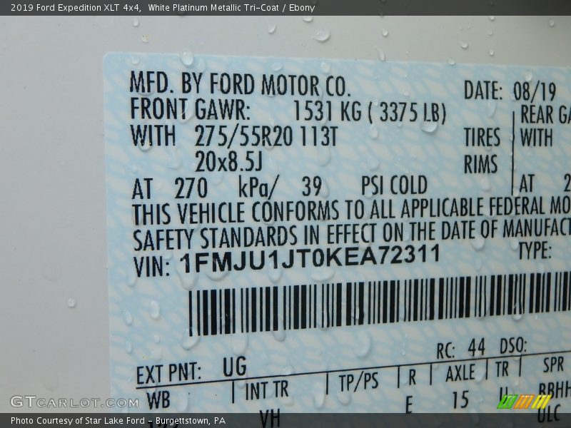 2019 Expedition XLT 4x4 White Platinum Metallic Tri-Coat Color Code UG