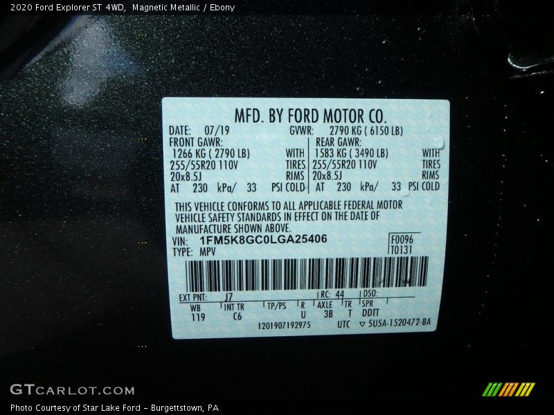 2020 Explorer ST 4WD Magnetic Metallic Color Code J7