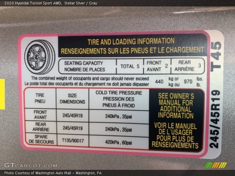 Info Tag of 2020 Tucson Sport AWD