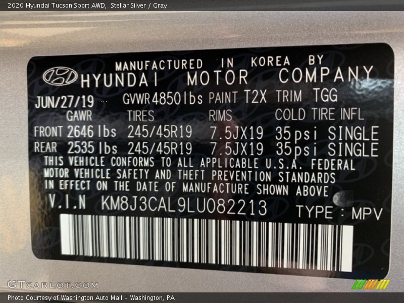 2020 Tucson Sport AWD Stellar Silver Color Code T2X