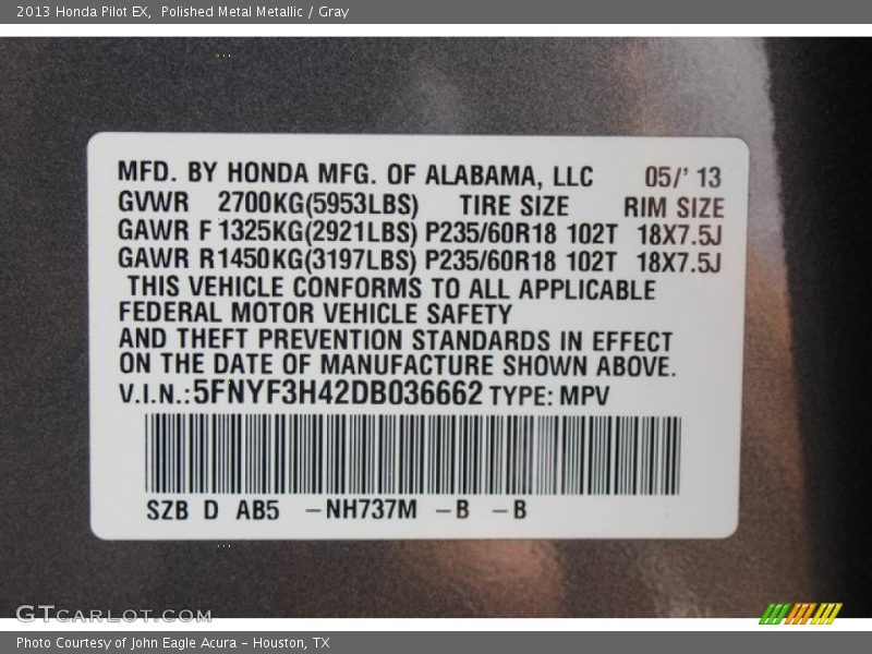 Polished Metal Metallic / Gray 2013 Honda Pilot EX