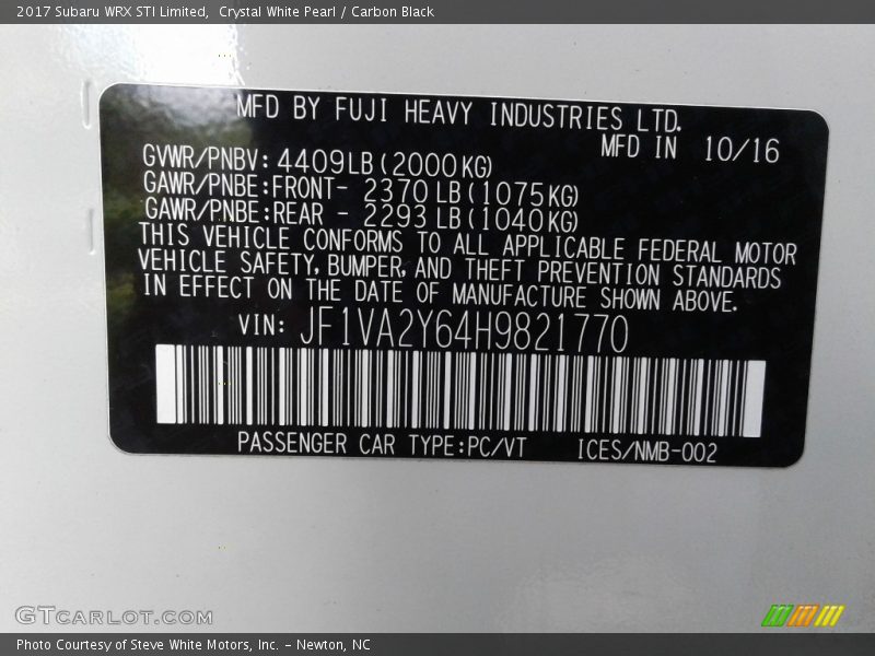 Crystal White Pearl / Carbon Black 2017 Subaru WRX STI Limited