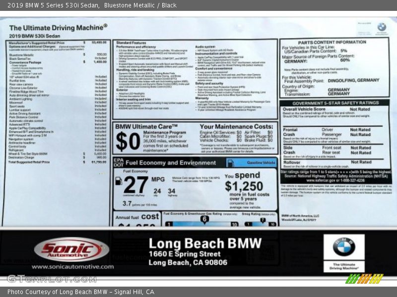 Bluestone Metallic / Black 2019 BMW 5 Series 530i Sedan