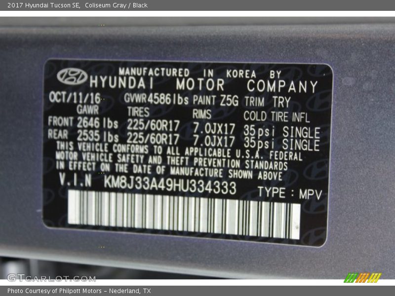 Coliseum Gray / Black 2017 Hyundai Tucson SE