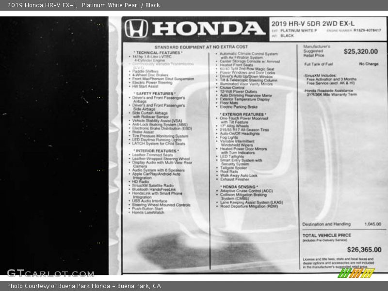 Platinum White Pearl / Black 2019 Honda HR-V EX-L