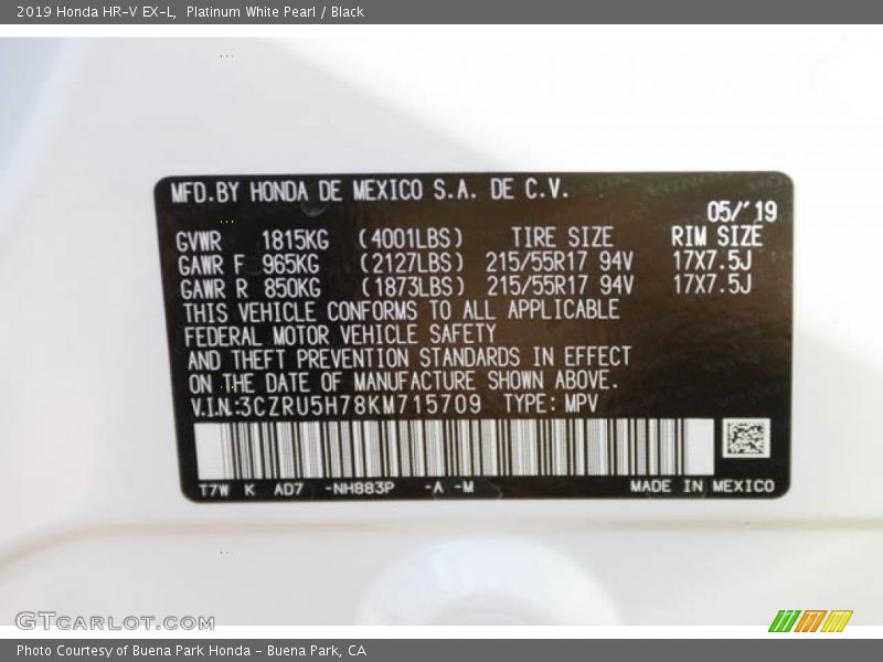 Platinum White Pearl / Black 2019 Honda HR-V EX-L