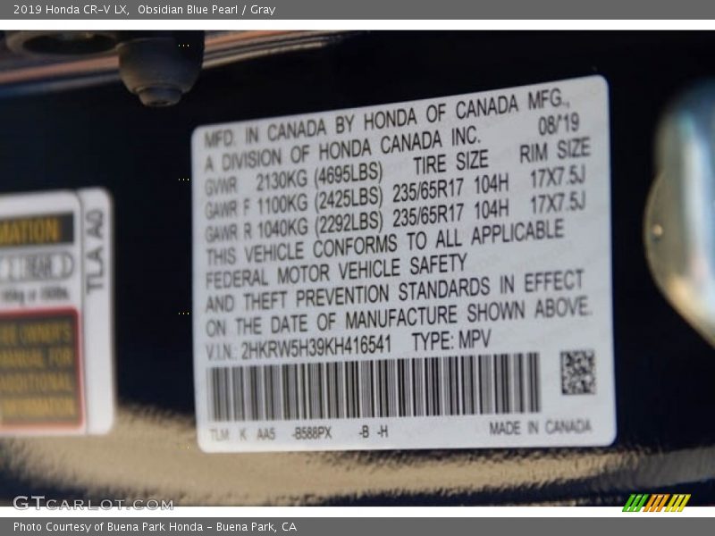 Obsidian Blue Pearl / Gray 2019 Honda CR-V LX