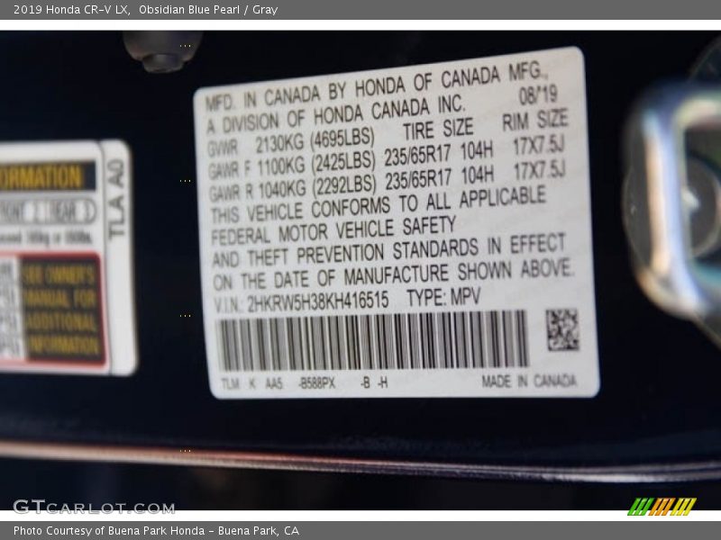 Obsidian Blue Pearl / Gray 2019 Honda CR-V LX
