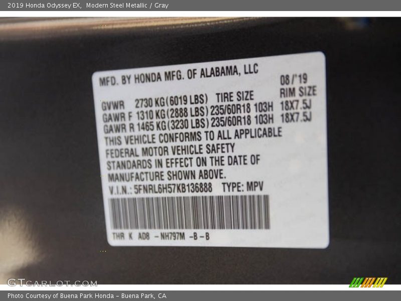 Modern Steel Metallic / Gray 2019 Honda Odyssey EX