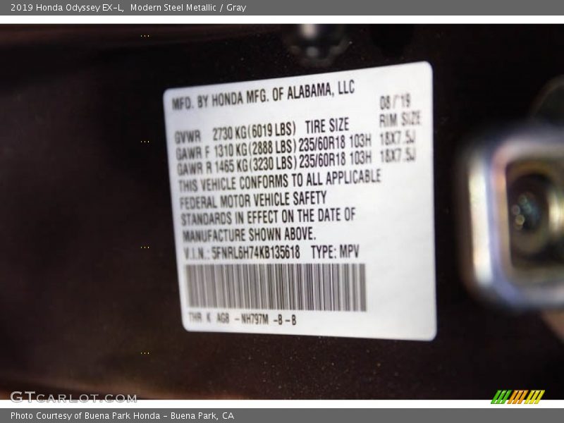 Modern Steel Metallic / Gray 2019 Honda Odyssey EX-L