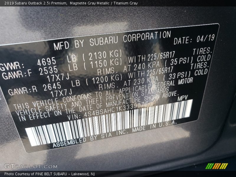 Magnetite Gray Metallic / Titanium Gray 2019 Subaru Outback 2.5i Premium