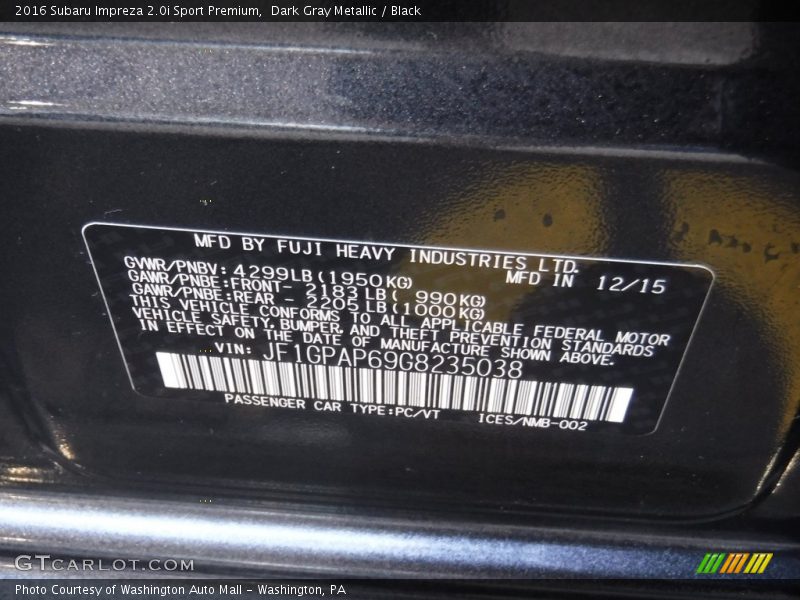 Dark Gray Metallic / Black 2016 Subaru Impreza 2.0i Sport Premium