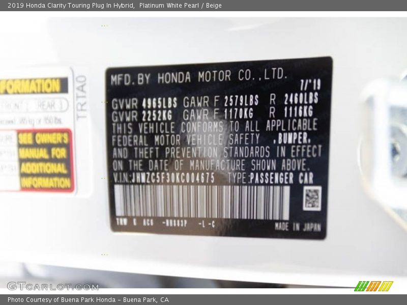 Platinum White Pearl / Beige 2019 Honda Clarity Touring Plug In Hybrid