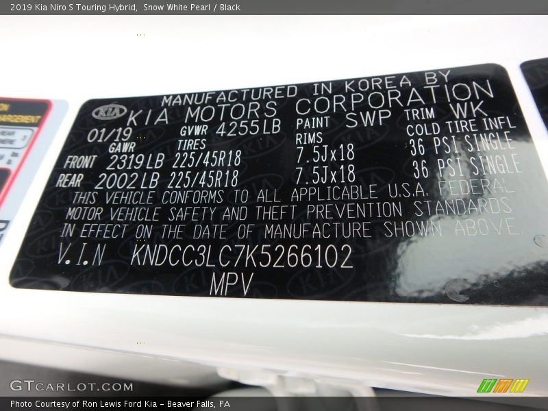 2019 Niro S Touring Hybrid Snow White Pearl Color Code SWP
