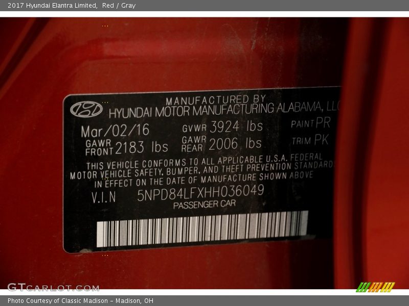 Red / Gray 2017 Hyundai Elantra Limited