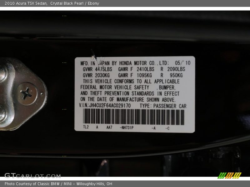 Crystal Black Pearl / Ebony 2010 Acura TSX Sedan
