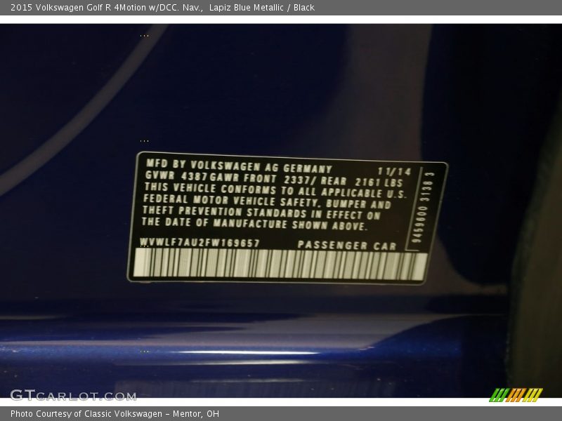 Lapiz Blue Metallic / Black 2015 Volkswagen Golf R 4Motion w/DCC. Nav.