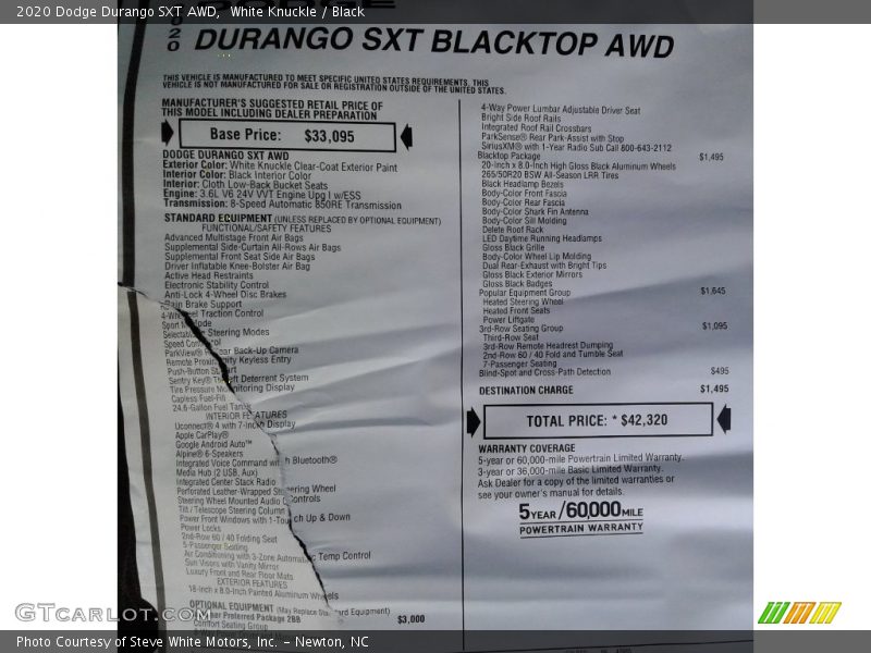 White Knuckle / Black 2020 Dodge Durango SXT AWD