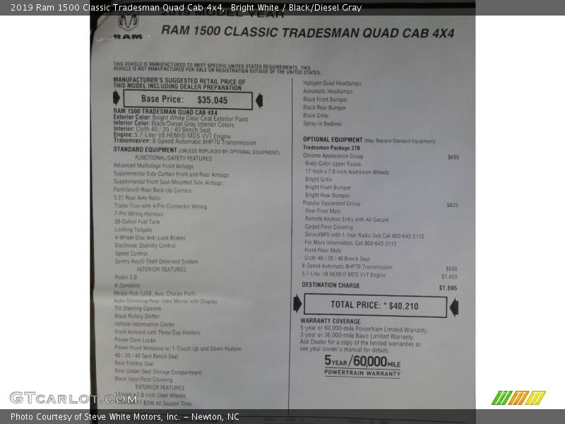 Bright White / Black/Diesel Gray 2019 Ram 1500 Classic Tradesman Quad Cab 4x4