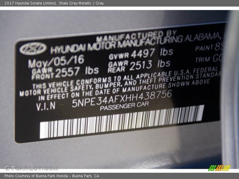Shale Gray Metallic / Gray 2017 Hyundai Sonata Limited