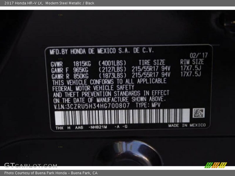 Modern Steel Metallic / Black 2017 Honda HR-V LX