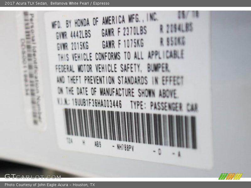 Bellanova White Pearl / Espresso 2017 Acura TLX Sedan