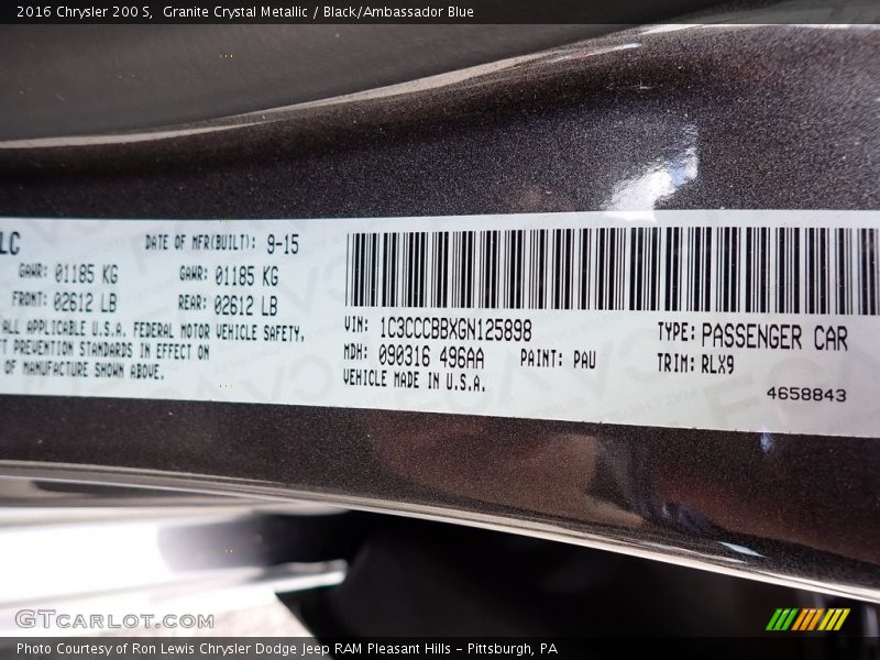 Granite Crystal Metallic / Black/Ambassador Blue 2016 Chrysler 200 S